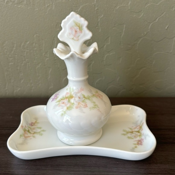 Vintage Japanese Porcelain Floral Perfume Bottle and Accessory Tray - Picture 1 of 6